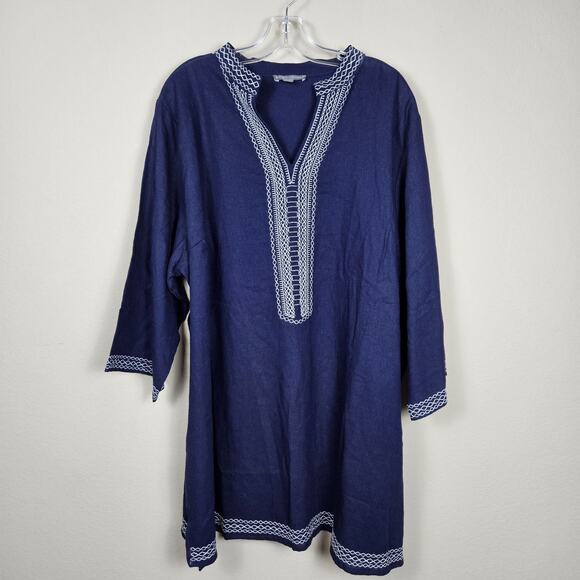 Linen Embroidered V-Neck Tunic Womens 26W Navy Pullover Vacation Beach Boho Top - Picture 1 of 16